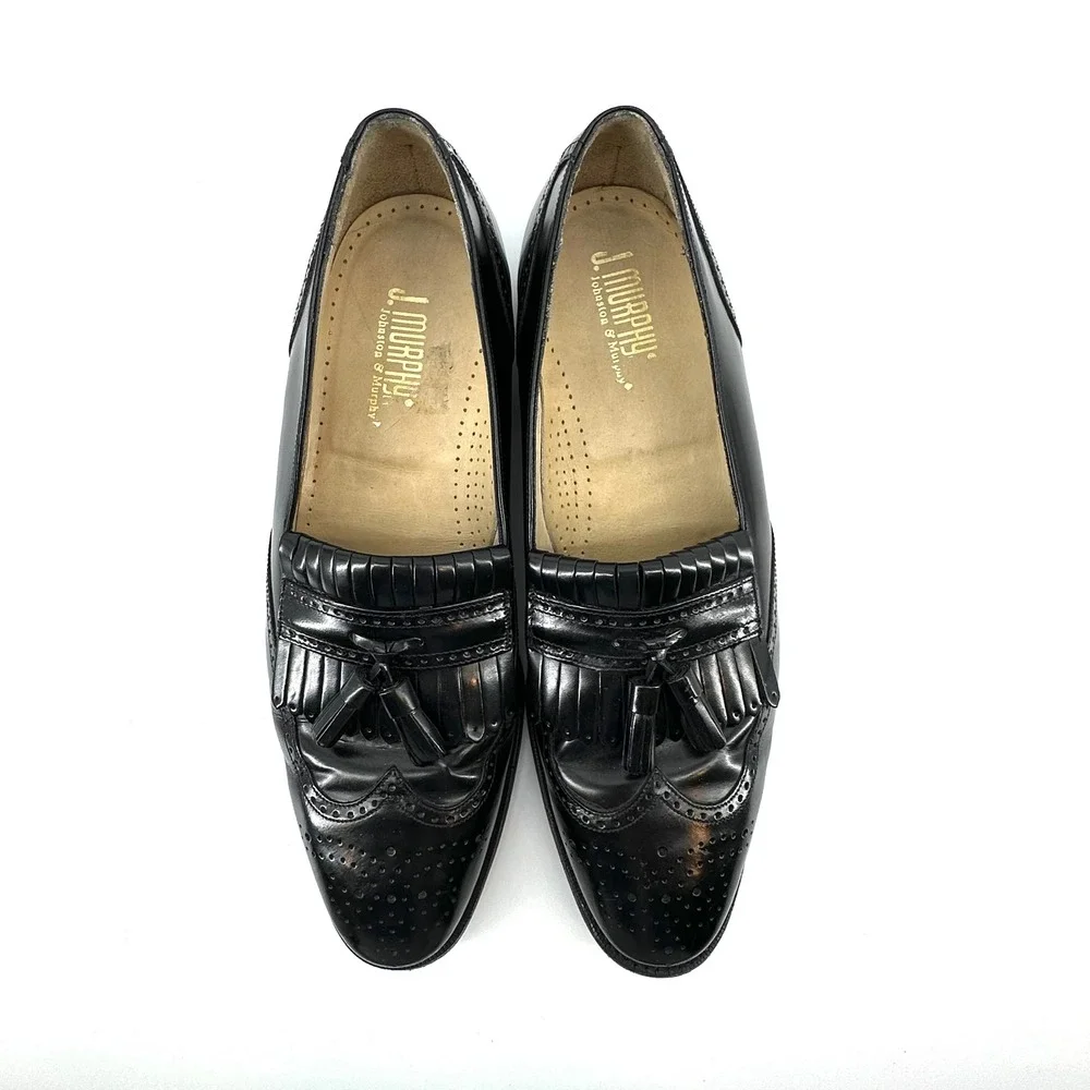 Johnston & Murphy Mens Black Leather Wingtip Tassel Kiltie Loafers 10 B